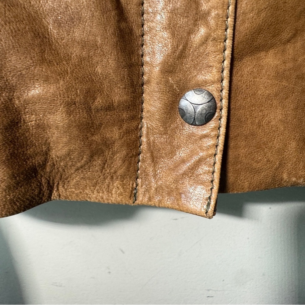 Y2K Danier Brown Leather Utility Jacket Snap Front Stand Collar Size Small - Picture 6 of 16